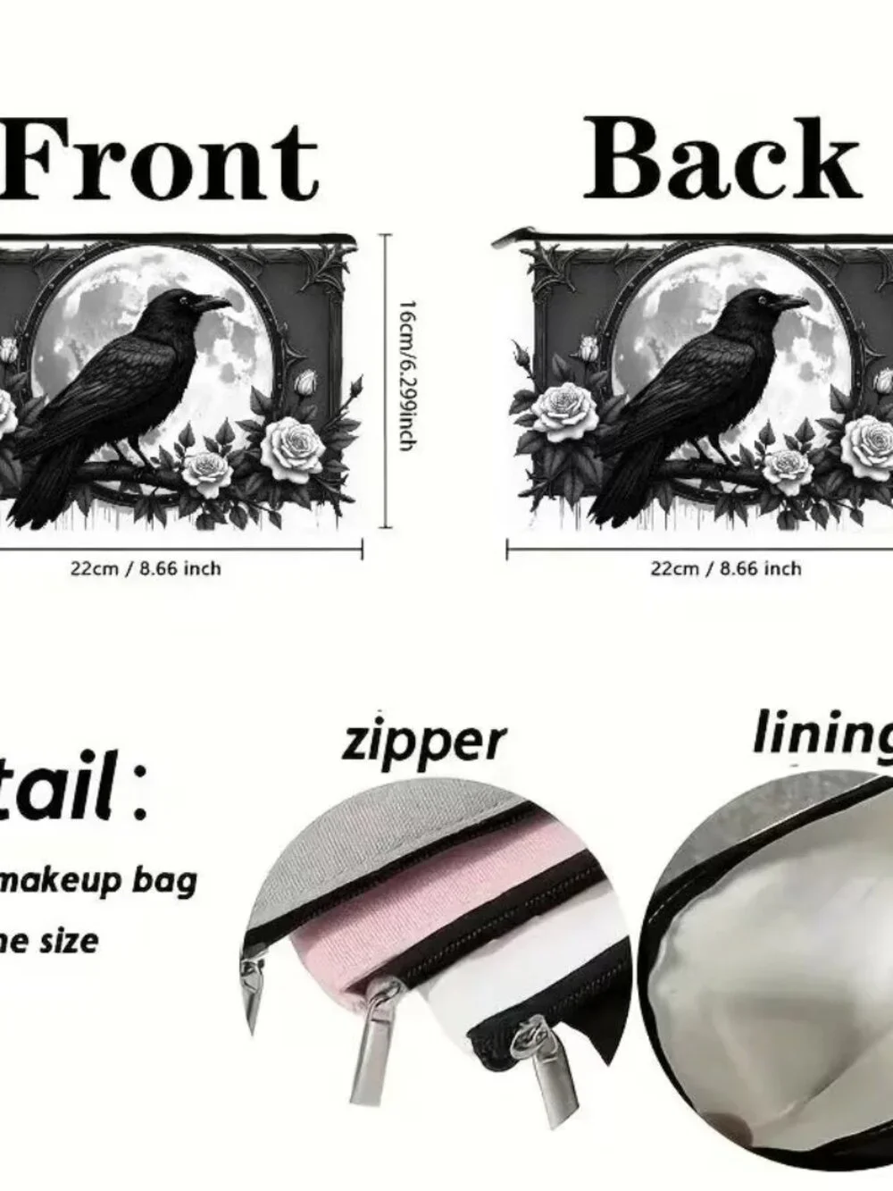 Halloween Dark Goth Black Bird White Rose Make Up Bag Double-Sided 6.3h